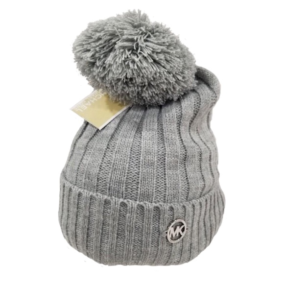 NWT -Michael Kors Grey Pom Pom Knit Beanie - Picture 2 of 11